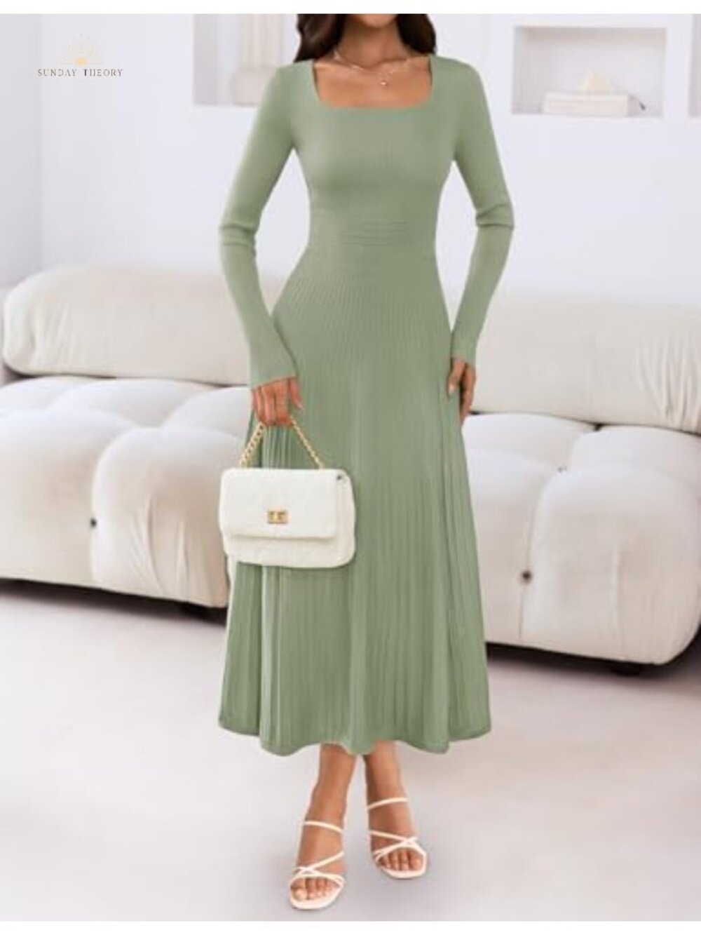 Sweater Dress Midi Long Sleeve Square Neck Ribbed Knit A-Line